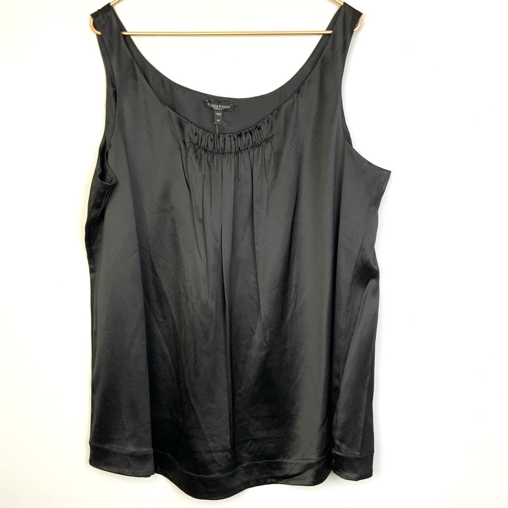NWT Eileen Fisher Sz 2X Black Silk Shirred Scoop Neck Crepe Back Satin Tank Top